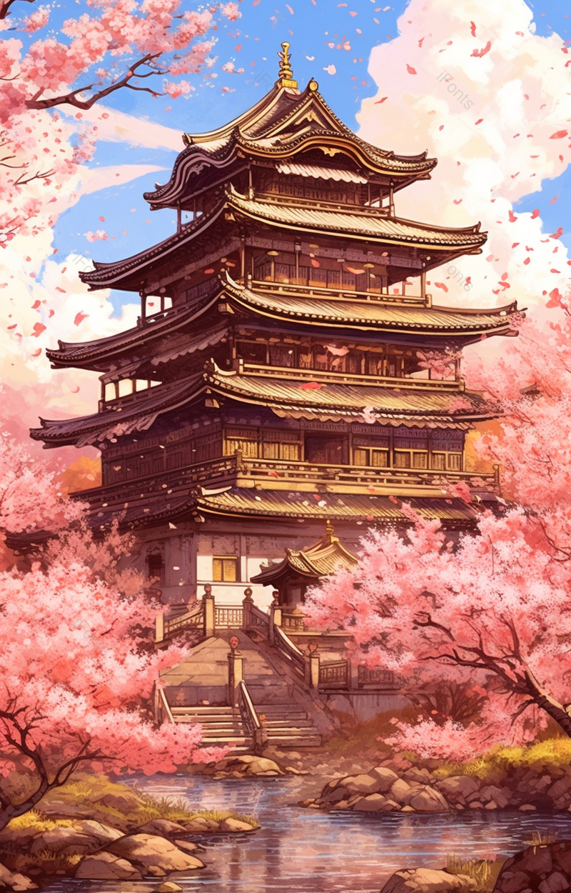 蓝天白云高层房屋建筑溪流粉色樱花花瓣飘落景象,插画/手绘图,插画/手绘图库,插画/手绘图下载,插画/手绘